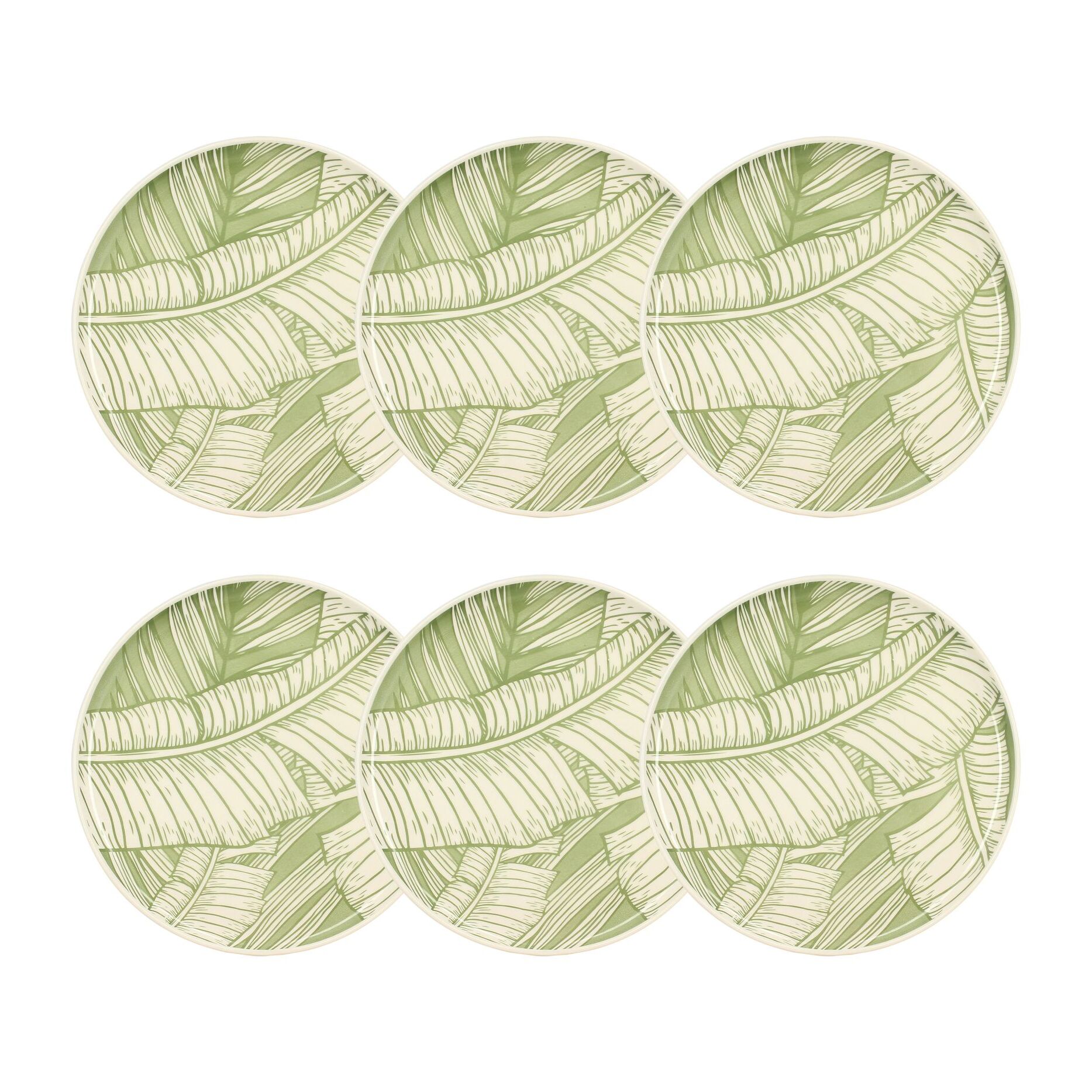 Lot de 6 assiettes plates 26cm en grès à motif vert LEAVES