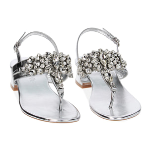 Sandali argento in laminato con pietre, tacco 4 cm