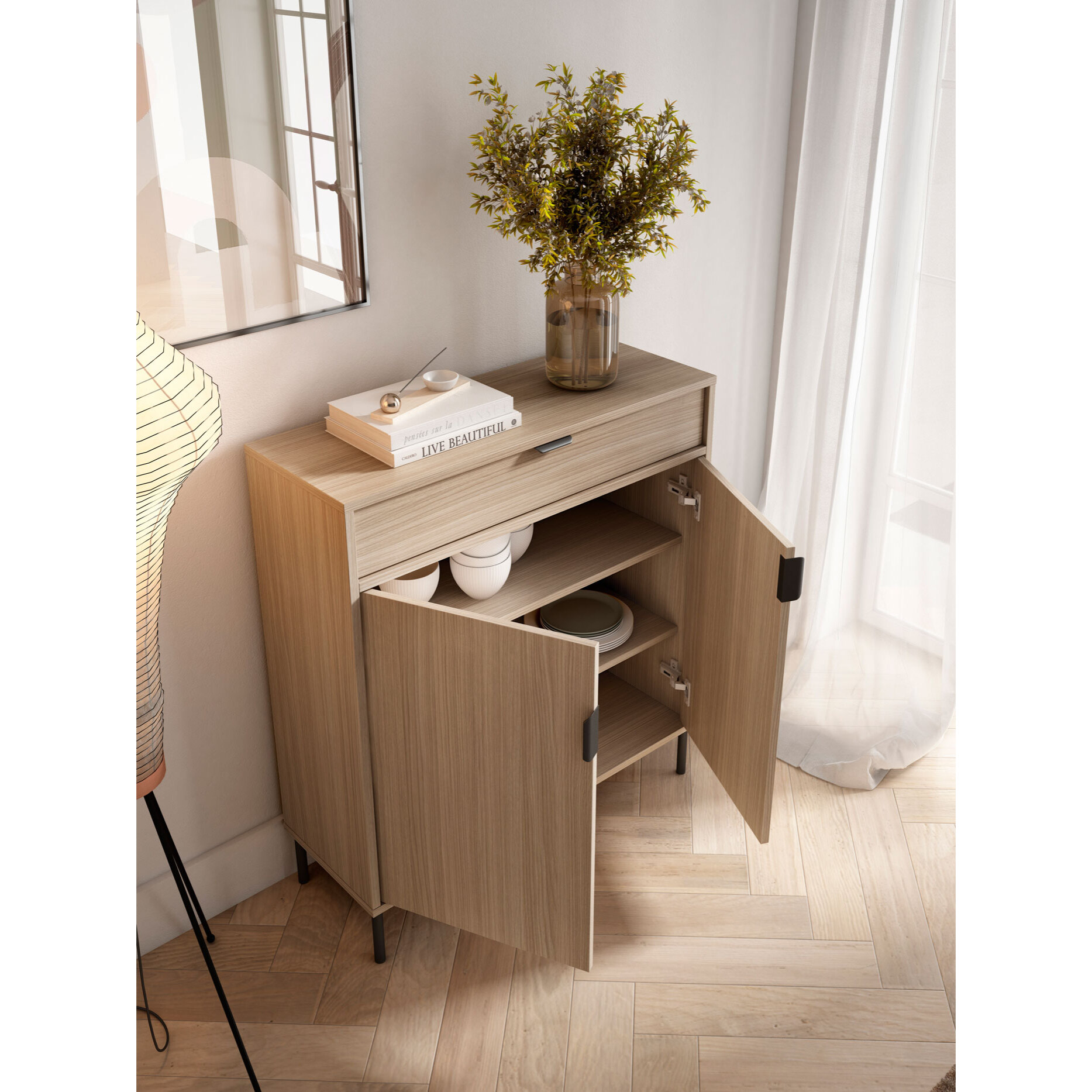 Zapatero Alice melamina nogal claro patas grafito 89x80x29 cm