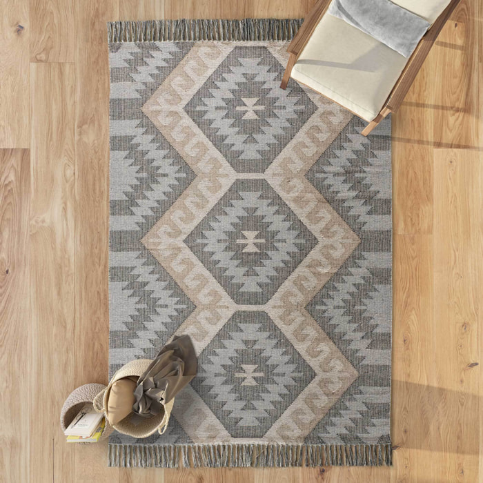 CHANDIA Alfombra kilim algodón reciclado con flecos en tonos gris, varias medidas disponibles