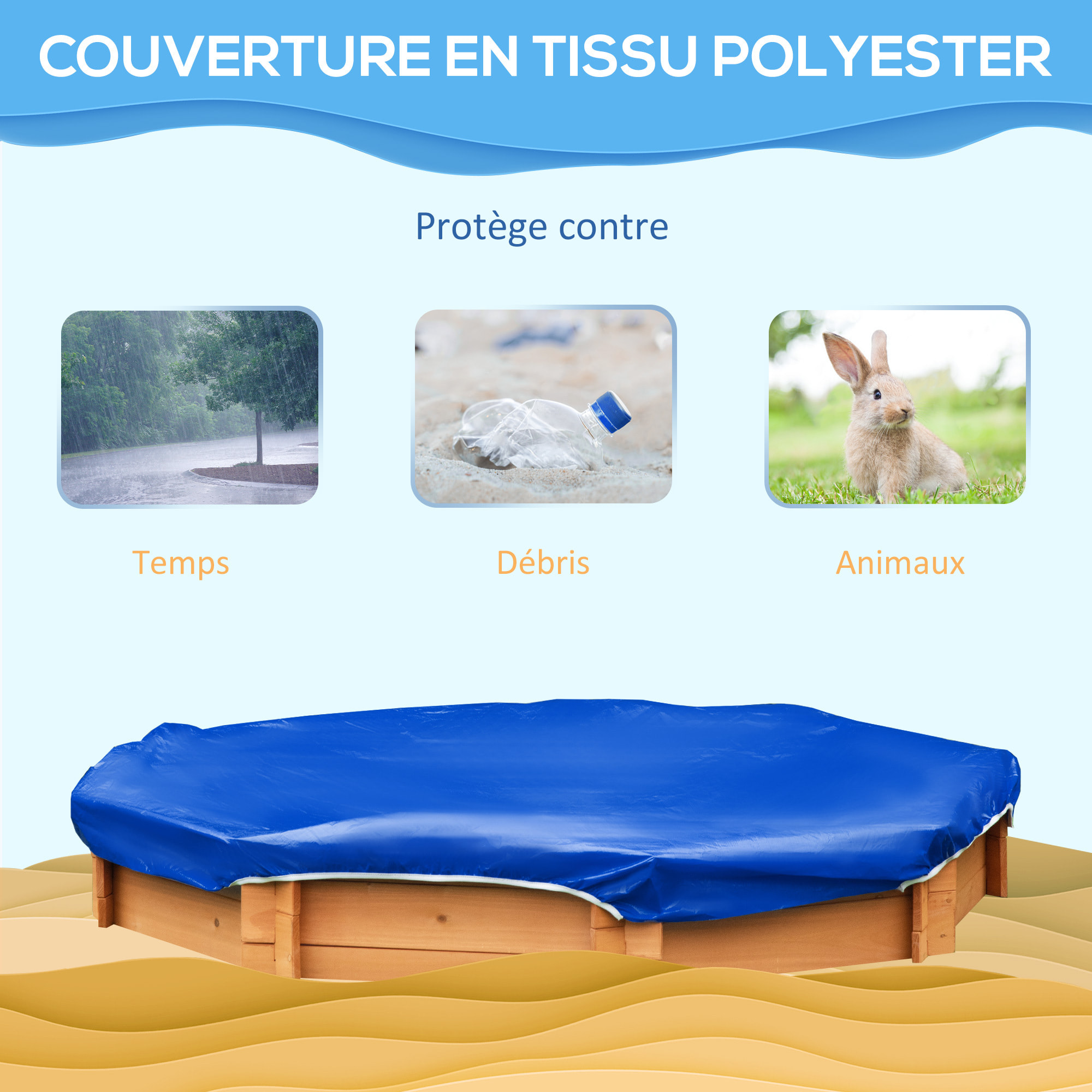 Bac à sable bois octogonal dim. 139,5L x 139,5l x 21,5H cm - 4 bancs - bâche de couverture, non tissé de sol inclus - bois sapin pré-huilé