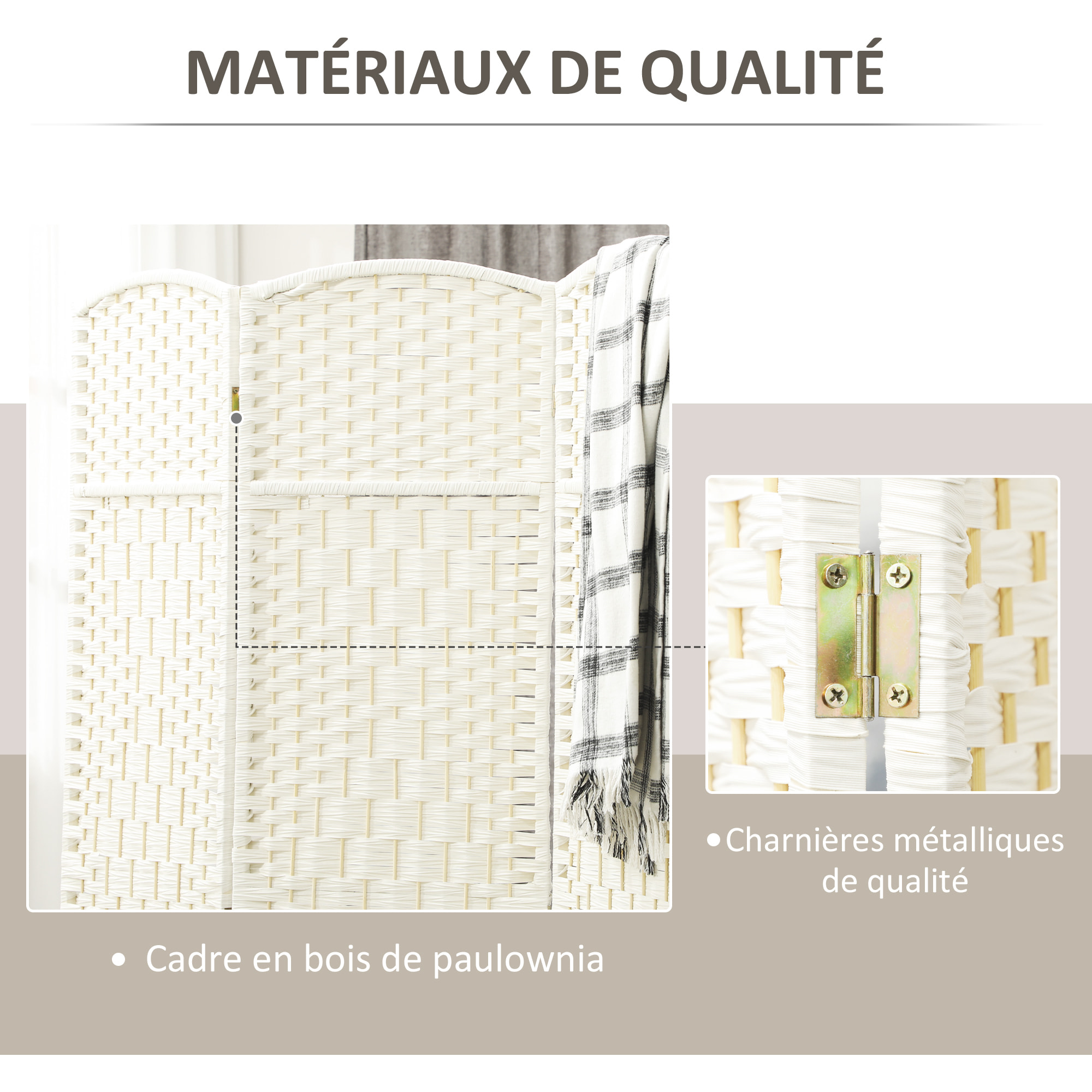 Paravent intérieur en bois 4 panneaux 180 x 180 cm séparateur de pièce pliable bois blanc