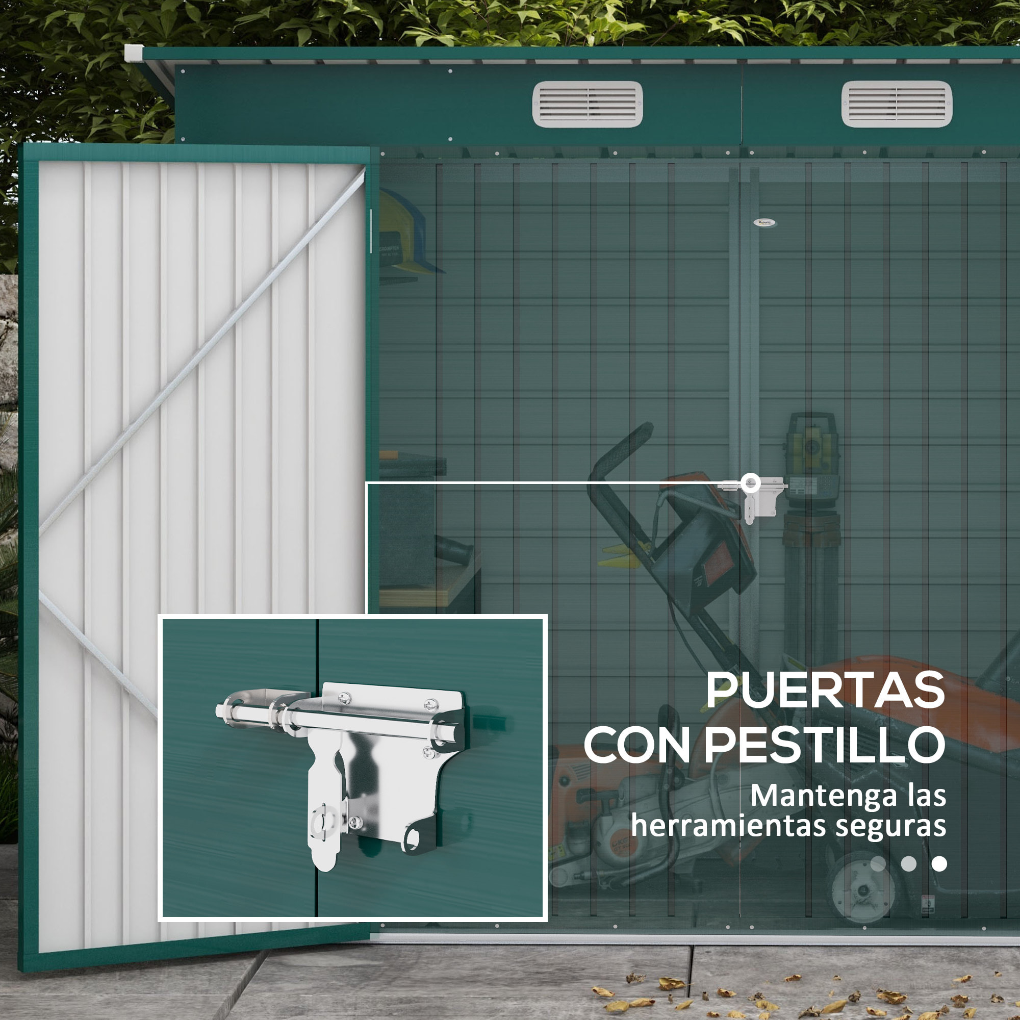 Caseta de Jardín Exterior 2,7m² 249x121x183 cm Cobertizo de Jardín Exterior con Doble Puerta 2 Ventilaciones y Pestillo Cobertizo para Terraza Patio Verde