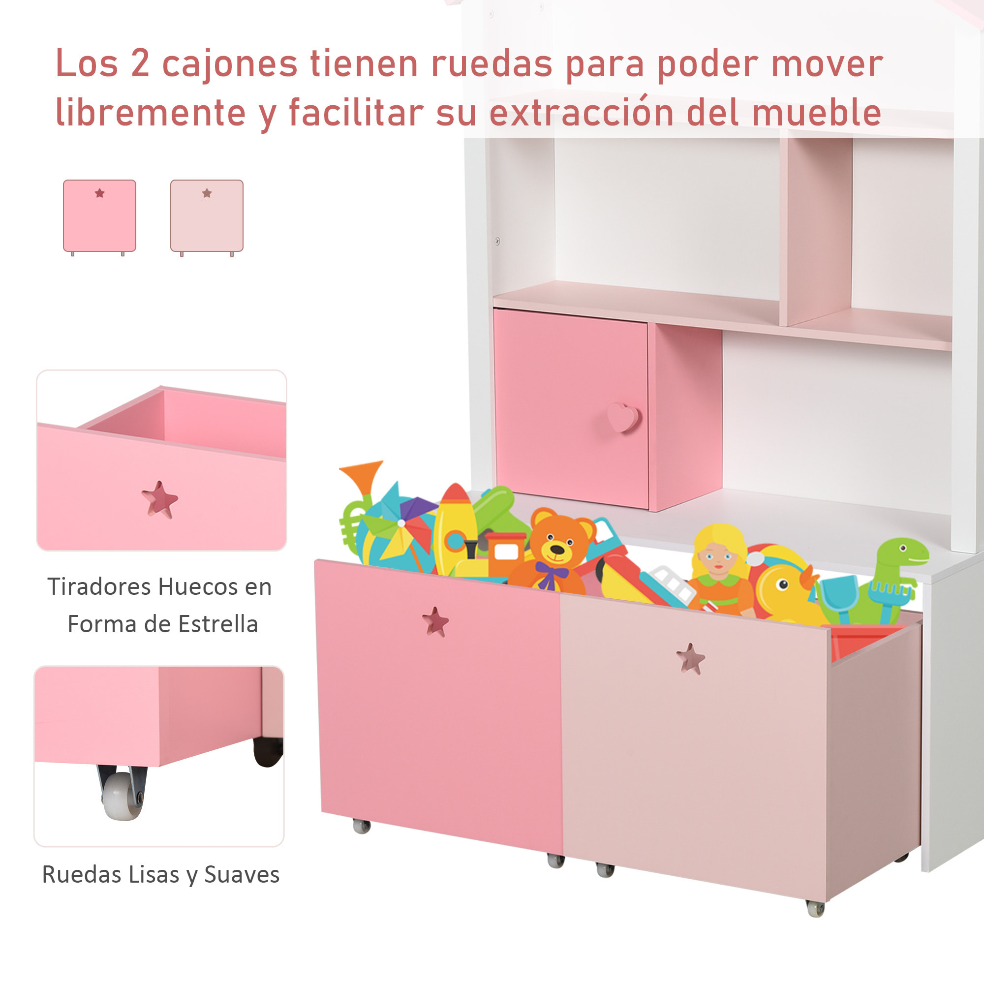 Estantería de Madera Infantil con 4 Compartimentos 1 Puerta 2 Cajones con Ruedas