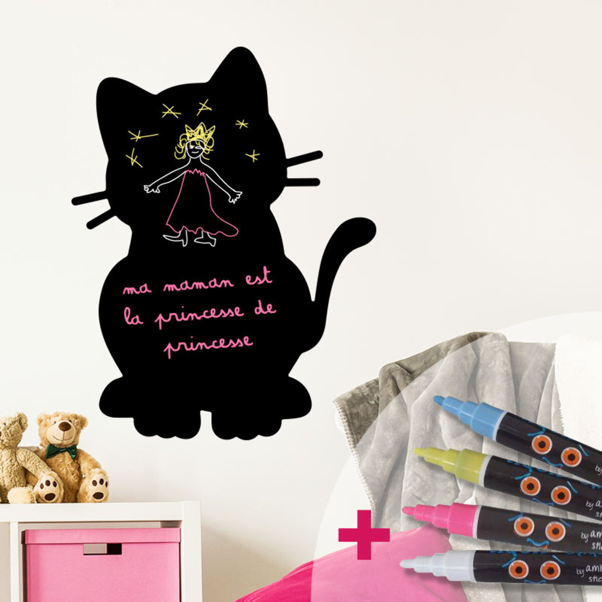 Sticker ardoise tableau noir - stickers muraux adhésif effaçable - CHATON + 4 CRAIES LIQUIDES