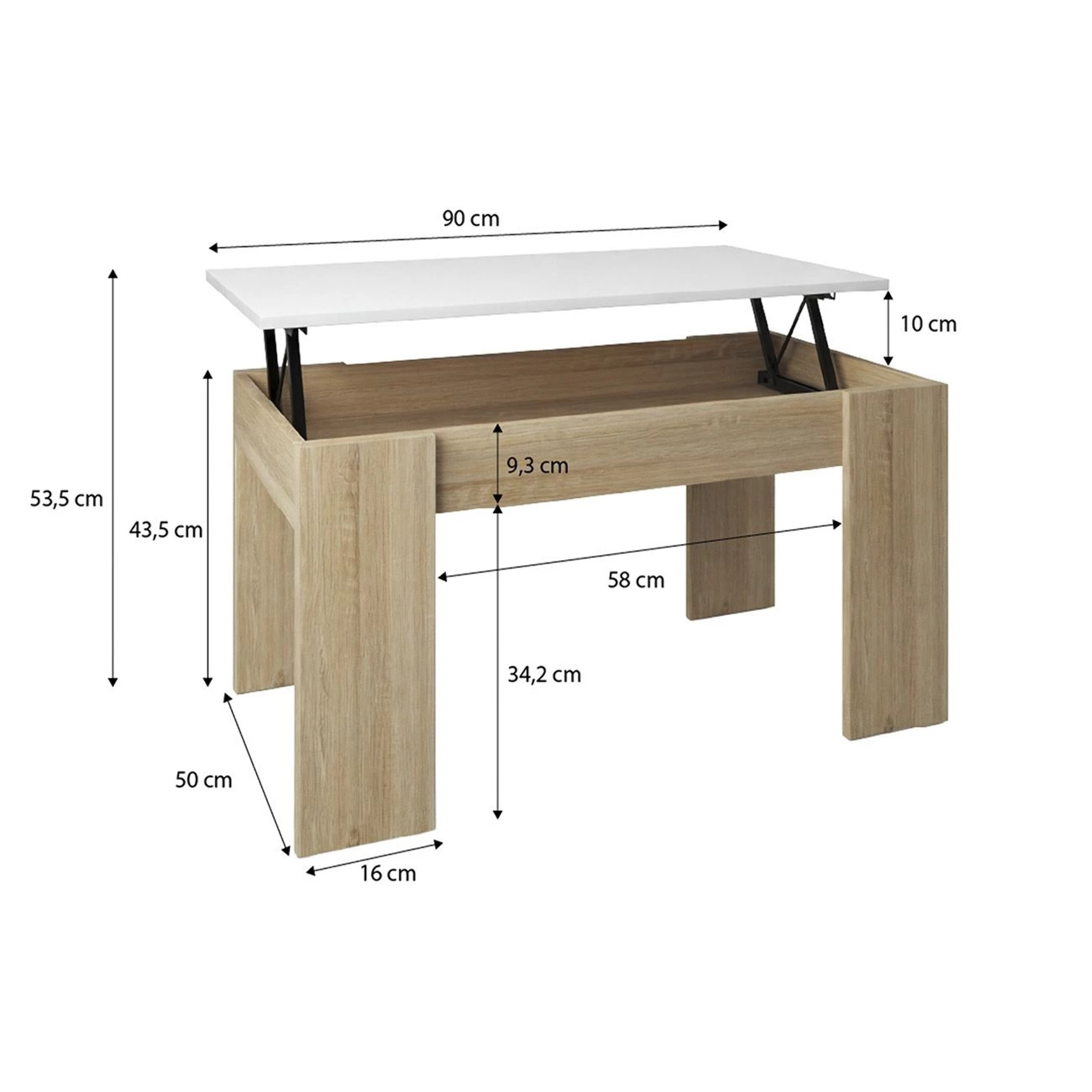 Mesa de centro elevable con almacenaje en roble canadian y blanco artik 90x43-53 cm Norak Roble Canadian - Blanco Artik (Blanco Mate)