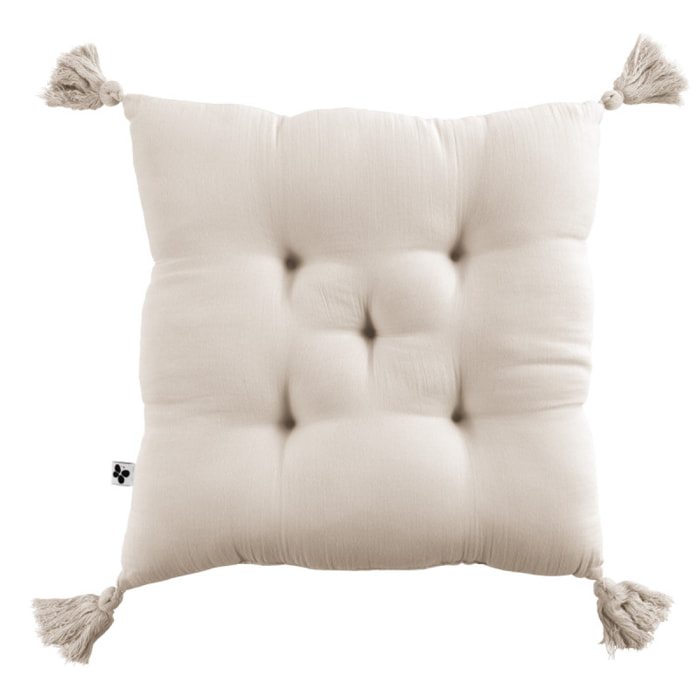 Coussin capitonné 5 points avec pompons "Gaïa" 40 x 40 cm "Gaze de Coton" - Couleur: Gaïa Pampa