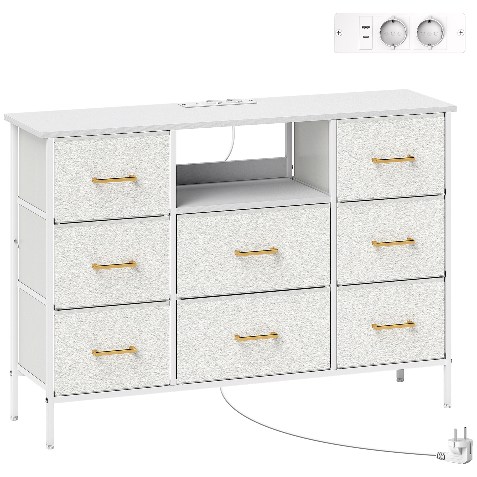 Commode design effet bouclette 8 tiroirs non tissés niche poignées métal doré acier blanc