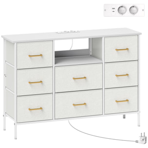 Commode design effet bouclette 8 tiroirs non tissés niche poignées métal doré acier blanc