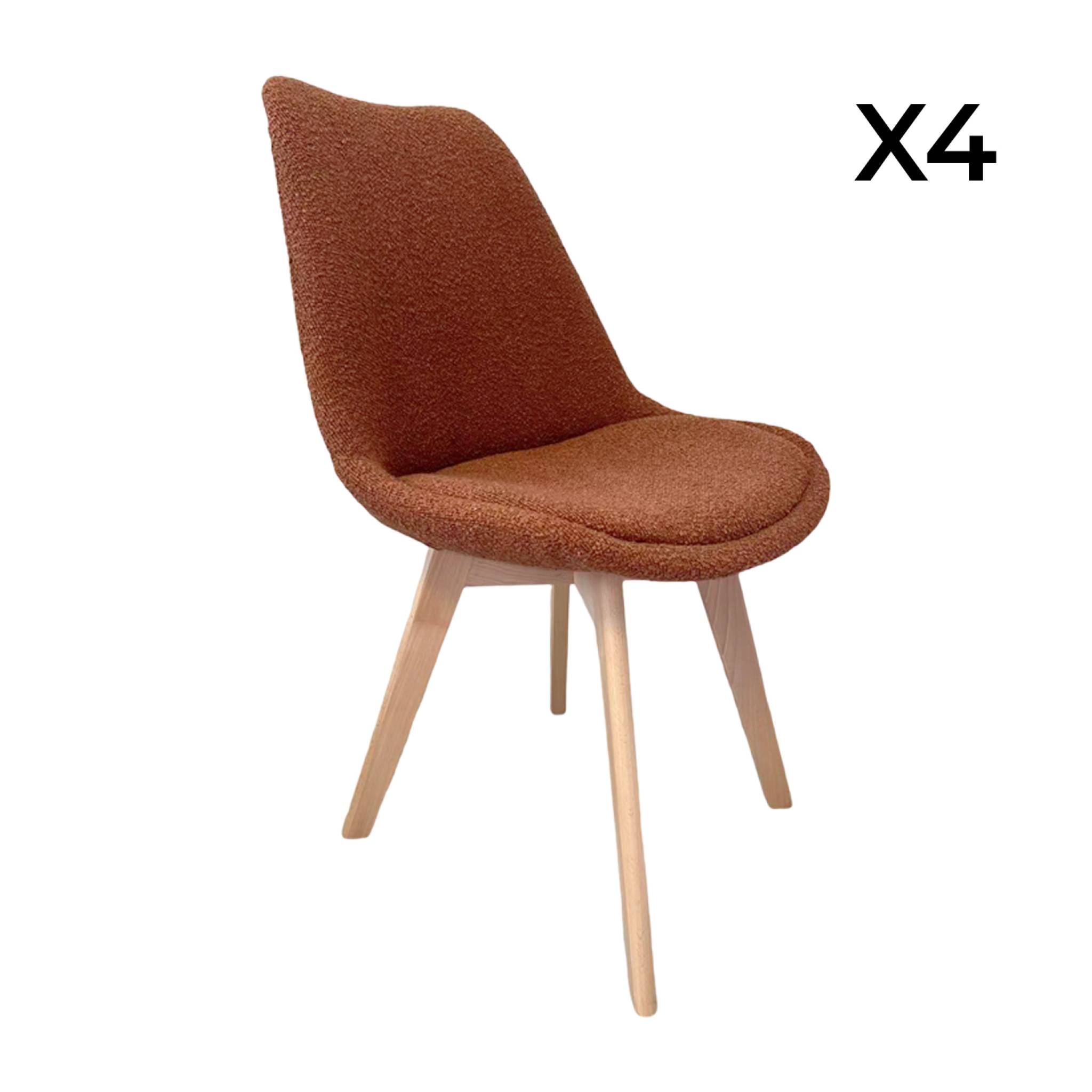 Lot de 4 chaises scandinaves revêtement bouclette texturée terracotta. pieds bois de hêtre - Nils