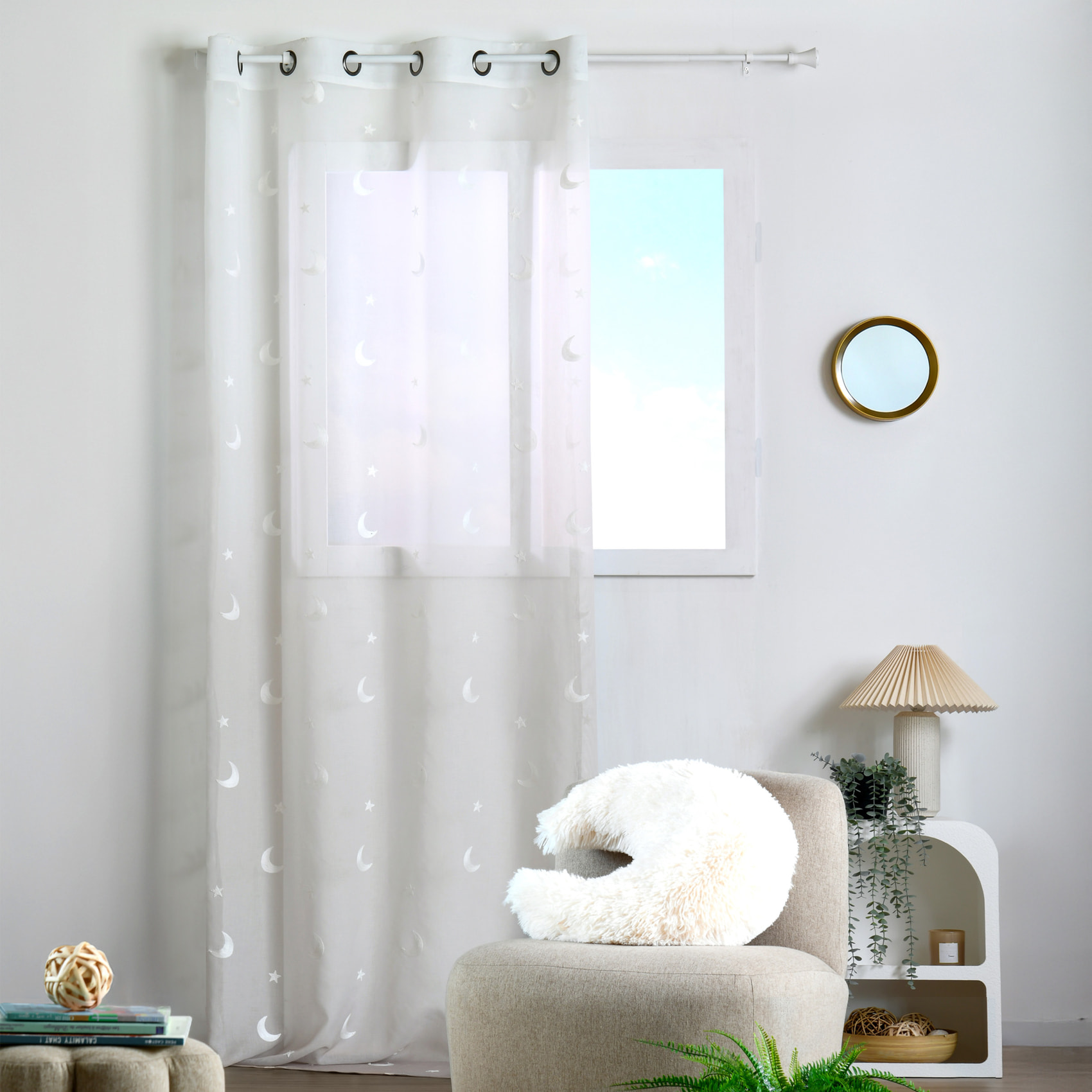 Voilage enfant brodé étoiles et lunes - Naturel