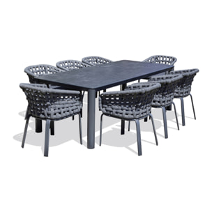 CAMARGUE - Ensemble repas de jardin 8 pl en alu avec plateau céramique sur verre