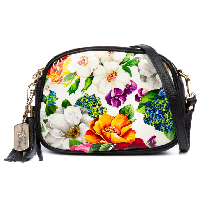 Aliminusa bolso bandolera mujer. Piel auténtica Dollaro, frontal sintético con diseño floral.