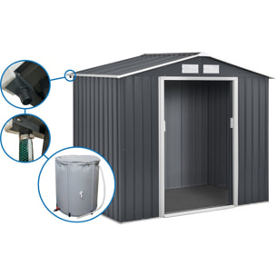 Abri de jardin métal - "Vegas" - 5.29 m² avec gouttière et récupérateur d'eau - Gris
