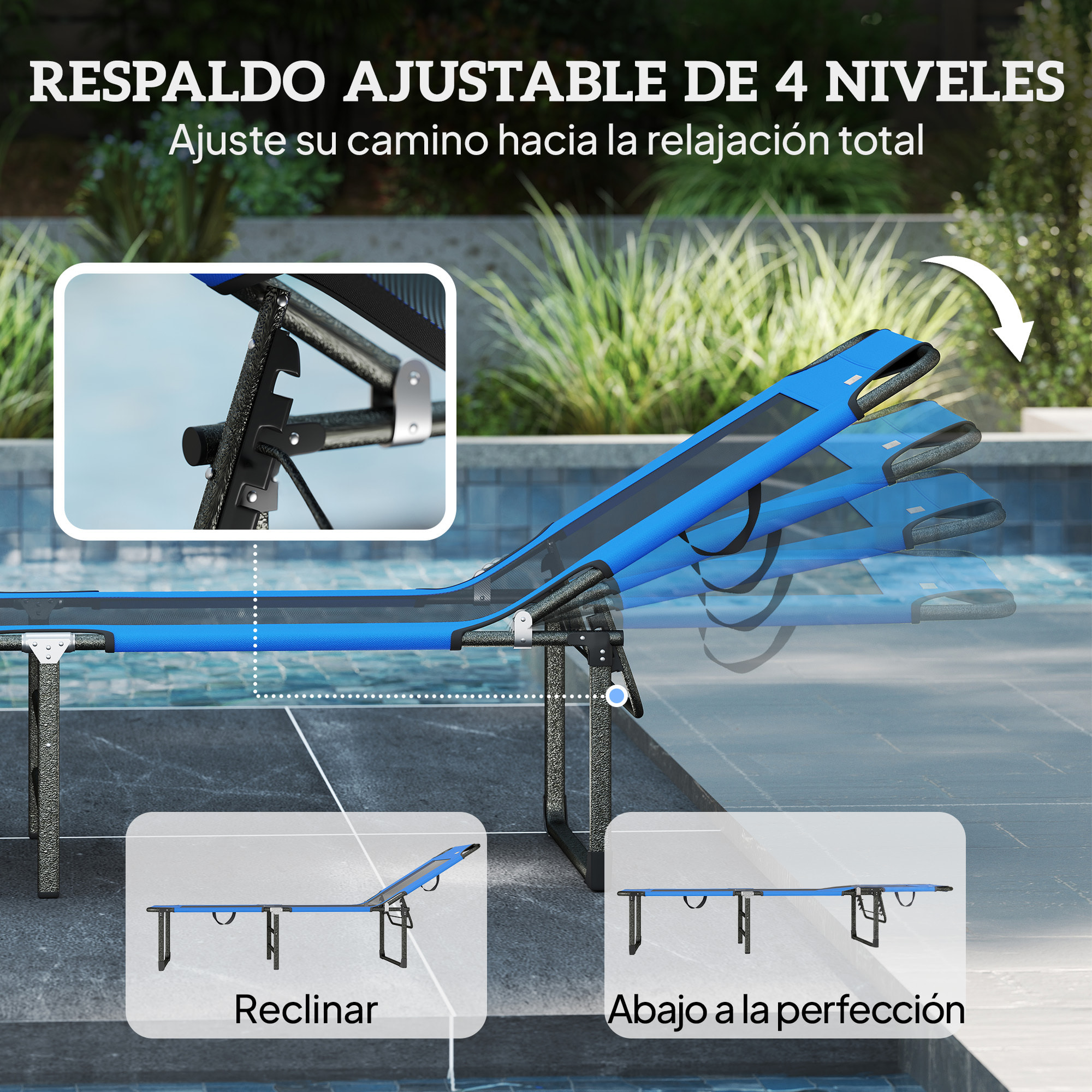 Tumbona Plegable, Tumbona Jardín Exterior con Respaldo Ajustable en 4 Posiciones, Asas de Transporte y Respaldo de Textilene, Carga 120 kg, para Terraza, Piscina, Playa, 175x58x68 cm, Azul