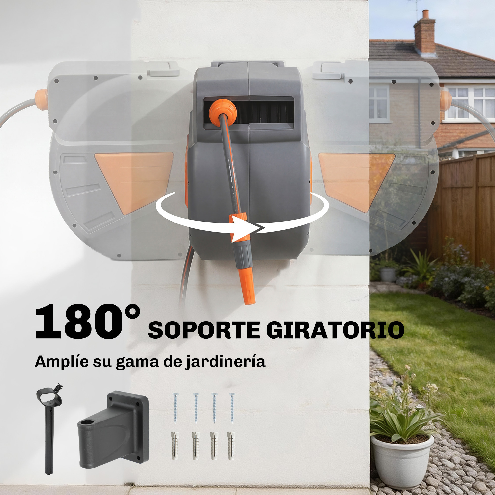 Enrollador de Manguera para Jardín 20+1,6 m con Boquilla de 2 Modos, Carrete de Manguera de Jardín de Pared con Bloqueo Automático y Retracción Controlada, Soporte Orientable 180°, Naranja