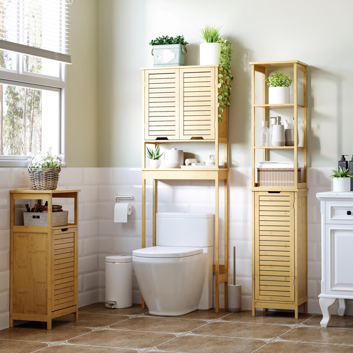 Meuble WC meuble dessus toilettes style cosy dim. 60L x 23l x 173H cm portes à lattes étagère bambou MDF aspect bois clair