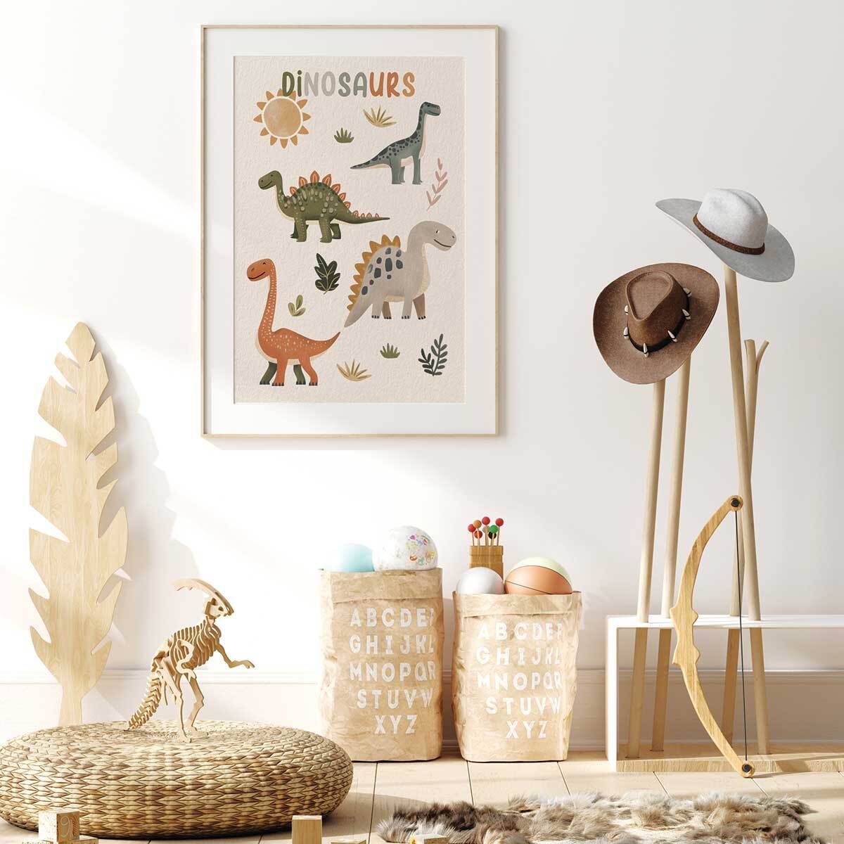 Affiche enfant les grands dinos  Affiche + cadre en bois - Chêne