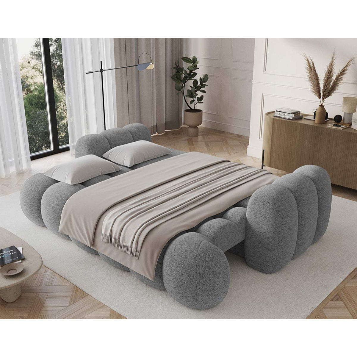 Dorian - Canapé droit 3 places convertible avec coffre en tissu bouclette - Gris clair