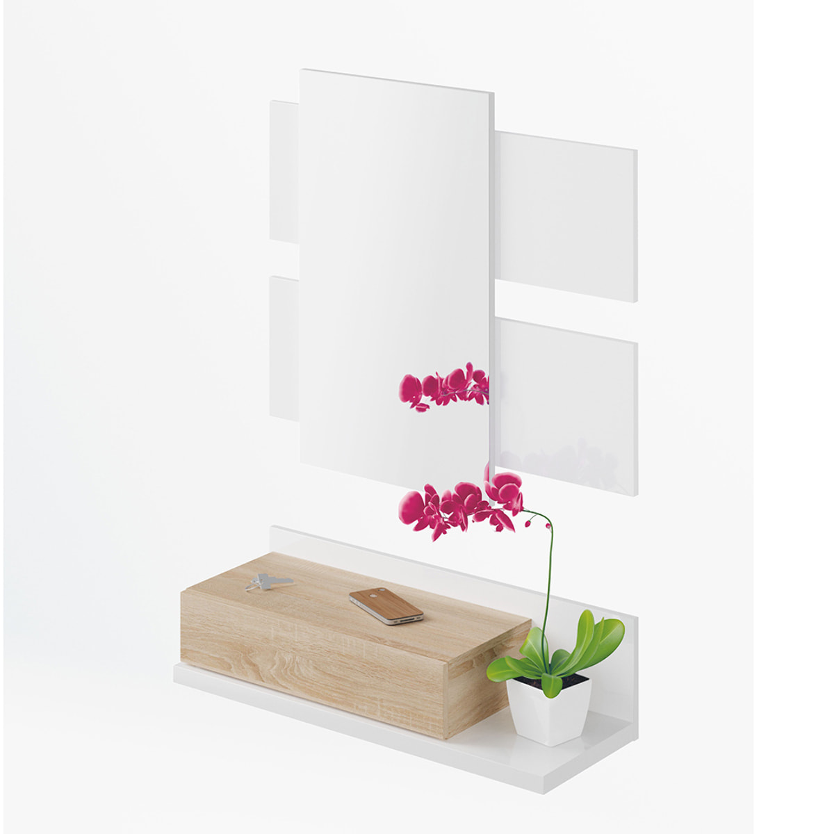 Mueble Recibidor Espejo Y Cajon 20x75x29 Cm Blanco Artik/roble