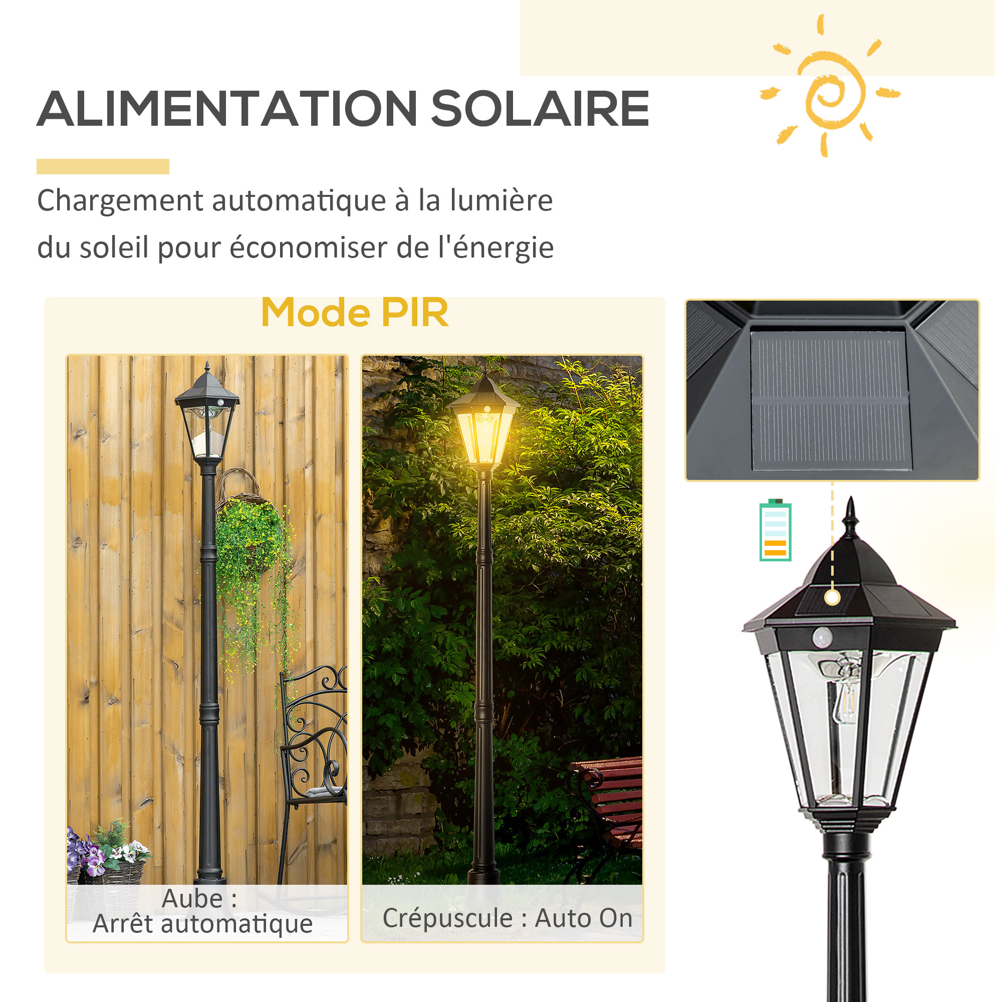 Lampadaire lanterne LED de jardin - capteur, réglable - H. 1,96 m - alu noir