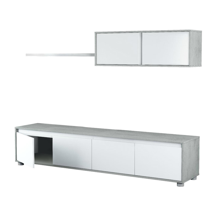 Parete attrezzata Savannah, Mobile da soggiorno porta TV, Composizione set salotto, Set salotto con pensile, cm 200x41h43, Bianco e Cemento