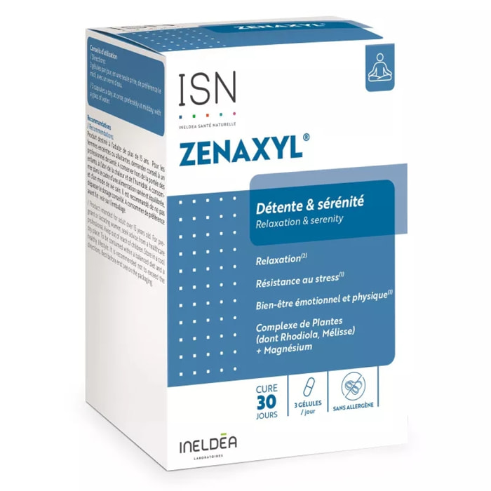 Ineldea Santé Naturelle - Zenaxyl - Complément alimentaire naturel - Aide à surmonter le stress et la fatigue - Sans gluten - Sans allergène - Sans OGM - Cure de 30 j - 90 gélules