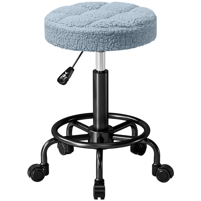 Taburete Giratorio Redondo Taburete con Ruedas Altura Regulable 50-66 cm Asiento Tapizado en Tejido de Borreguito para Salones Talleres Spa Masaje Azul