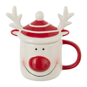 J-Line mug + couvercle Renne Grès - céramique - blanc/rouge