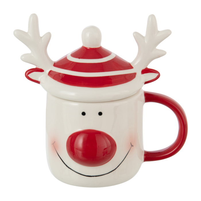 J-Line mug + couvercle Renne Grès - céramique - blanc/rouge