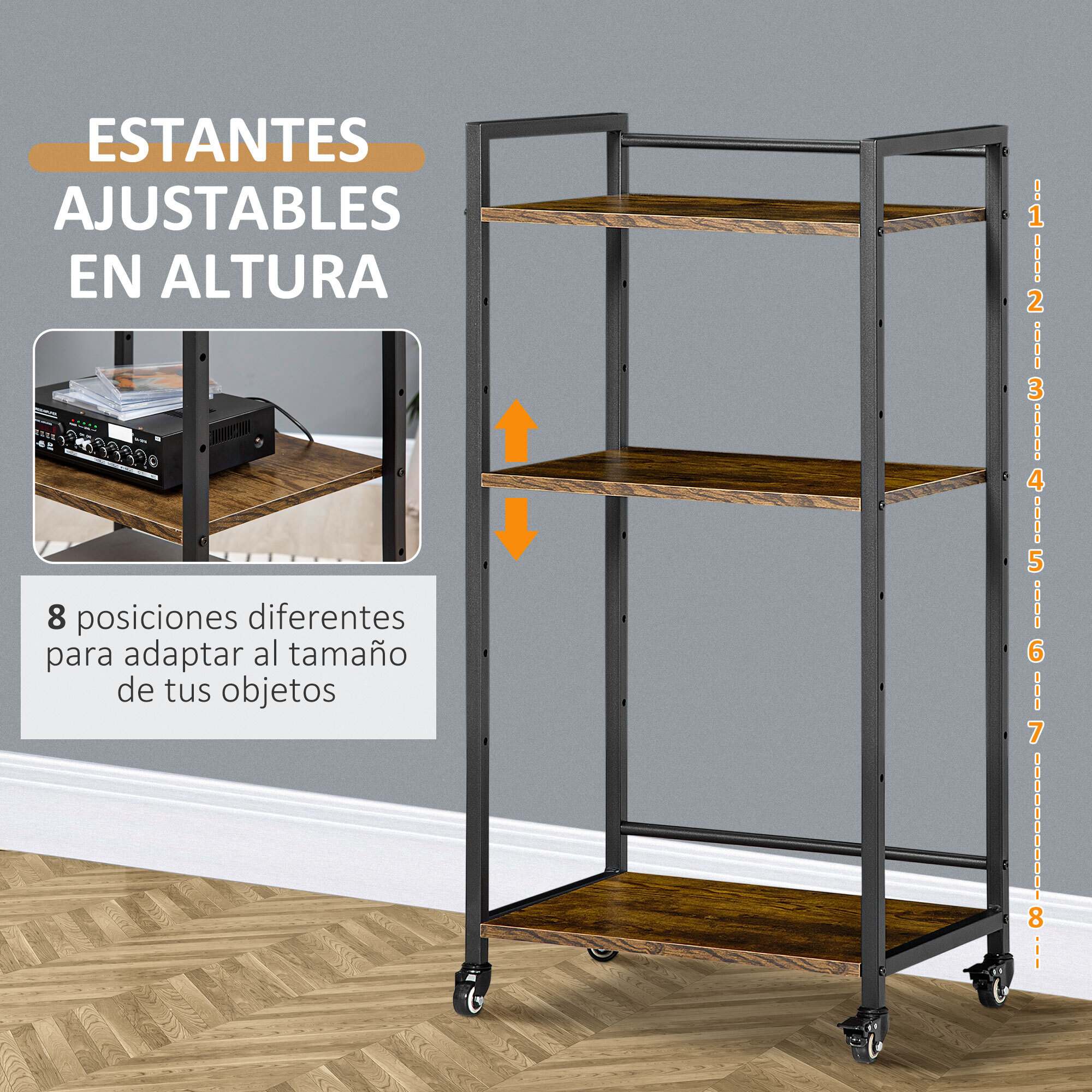 HOMCOM Carro de Almacenamiento con 3 Estantes Ajustables Soporte de Impresora con Ruedas para Oficina Cocina Dormitorio 50x35x100,5 cm Marrón Rústico