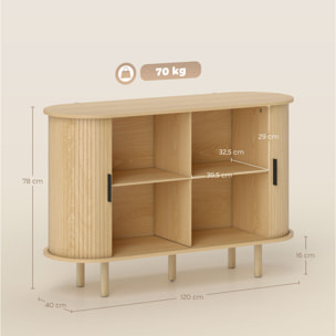 Aparador con Puertas Tambour Deslizantes, Aparador para Salón Moderno, con 4 Compartimentos y Patas de Madera, para Cocina, Entrada, Dormitorio, Roble, 120x40x78 cm