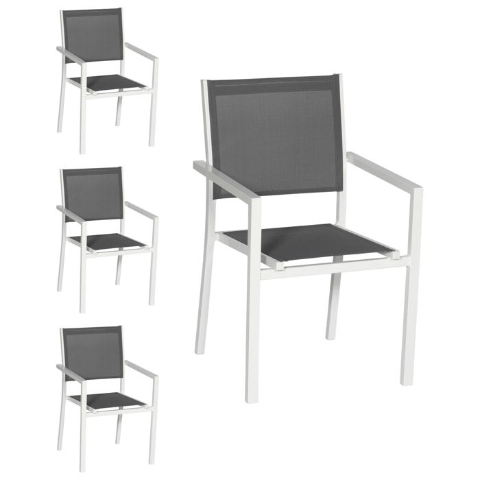 Lot de 4 chaises en aluminium blanc - textilène gris