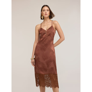 Motivi - Vestito tubino in raso jacquard con pizzo - Marrone