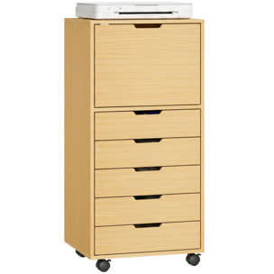 Cajonera Escritorio con 5 Cajones, Cajonera de Oficina con Ruedas y Armario con Cierre Suave, Soporte para Impresora, Mueble Archivador para Oficina en Casa, Natural