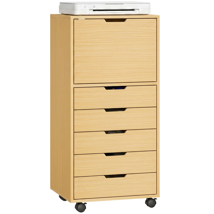 Cajonera Escritorio con 5 Cajones, Cajonera de Oficina con Ruedas y Armario con Cierre Suave, Soporte para Impresora, Mueble Archivador para Oficina en Casa, Natural