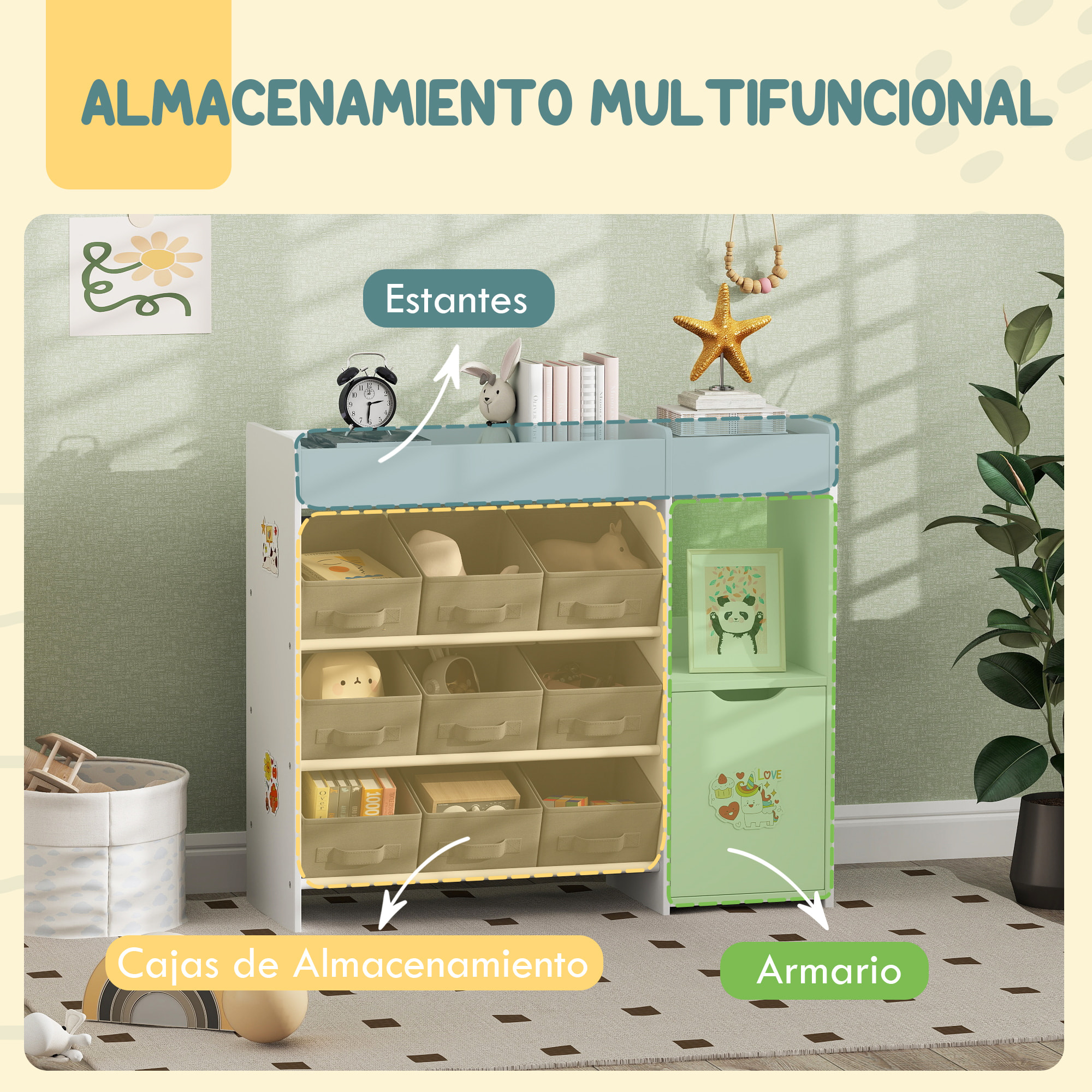 Estantería para Juguetes para Niños Organizador Infantil con 9 Cestas Extraíbles Compartimentos y Láminas de Pegatinas para Guardería Sala de Juegos 92x30x80 cm Blanco