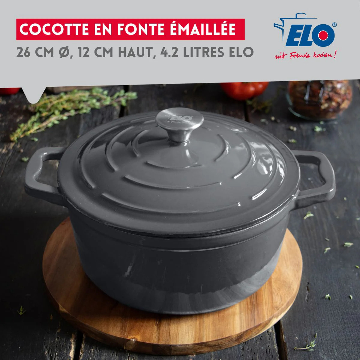 Cocotte 26 cm en fonte émaillée gris classique 4.5 L Elo