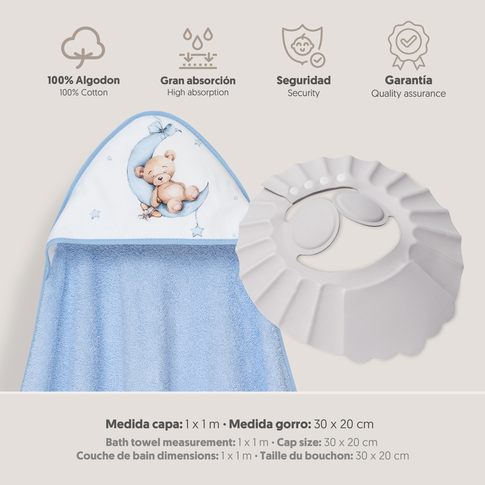 Capa Baño 1X1 Mod Estampado Oso Luna Estrellas+Gorro Azul