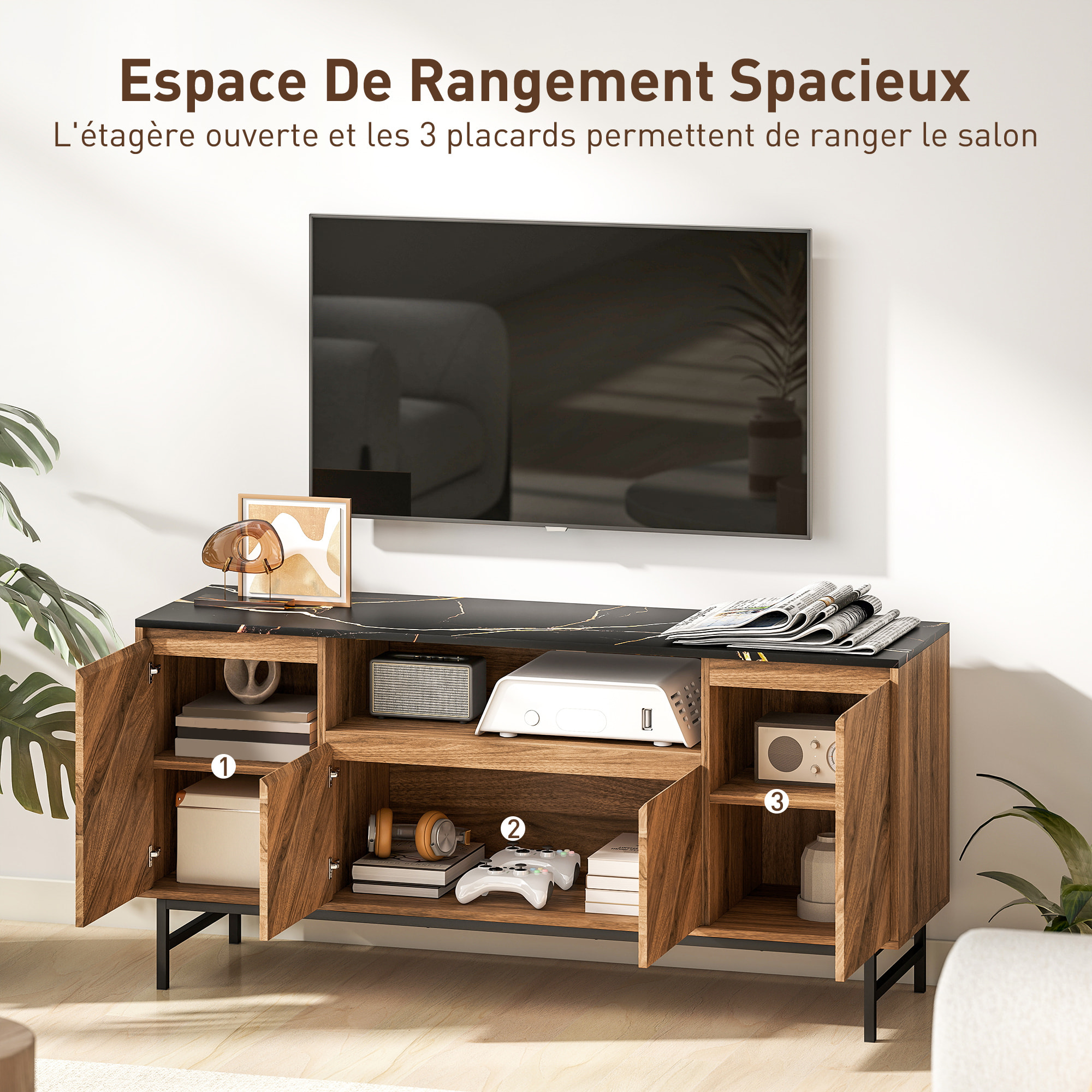 Meuble TV jusqu'à 65 pouces meuble télé aspect bois avec compartiment ouvert, portes, étagères réglables et passe-câbles, 140x39x66cm