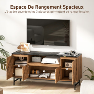 Meuble TV jusqu'à 65 pouces meuble télé aspect bois avec compartiment ouvert, portes, étagères réglables et passe-câbles, 140x39x66cm