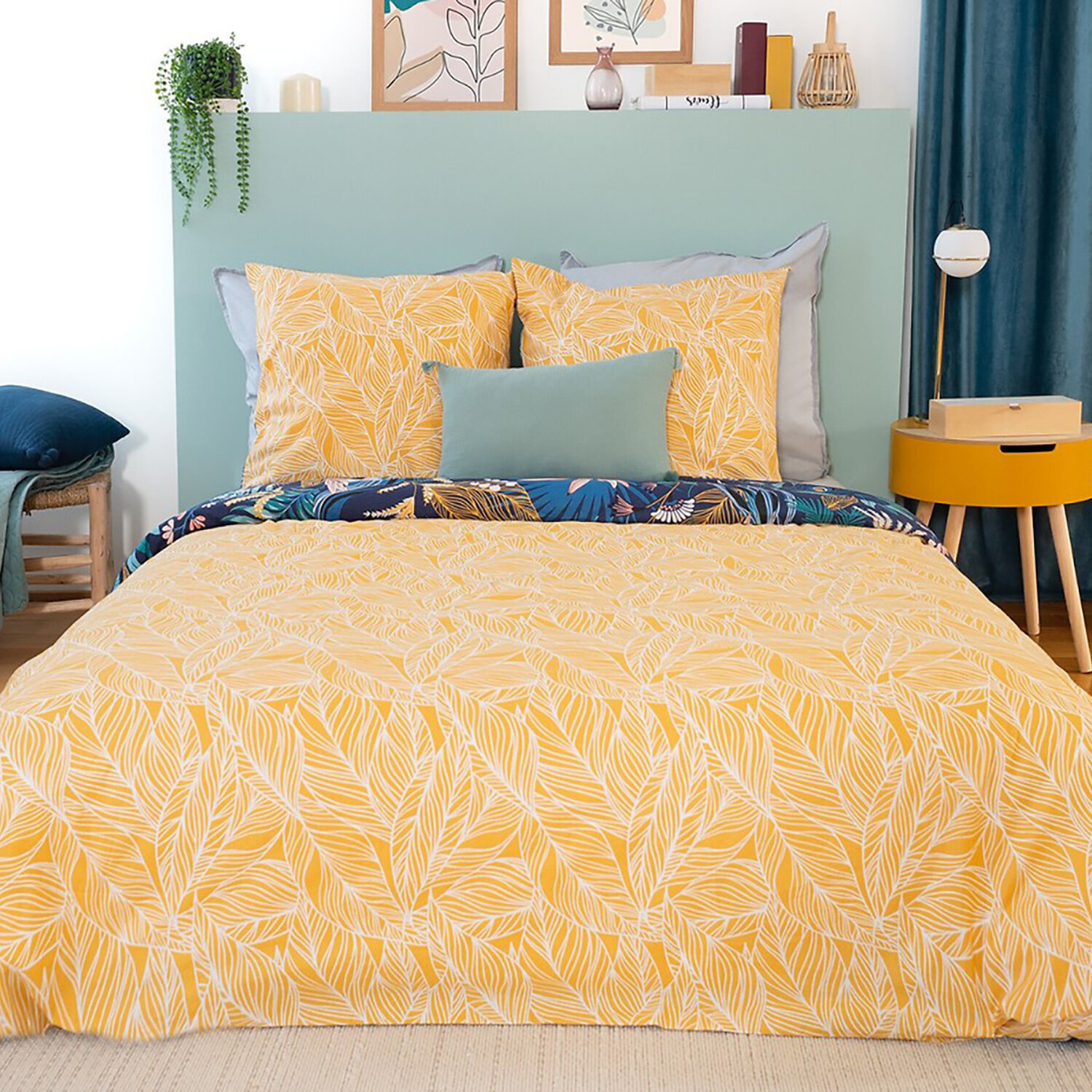 Parure housse de couette coton bleu fonce