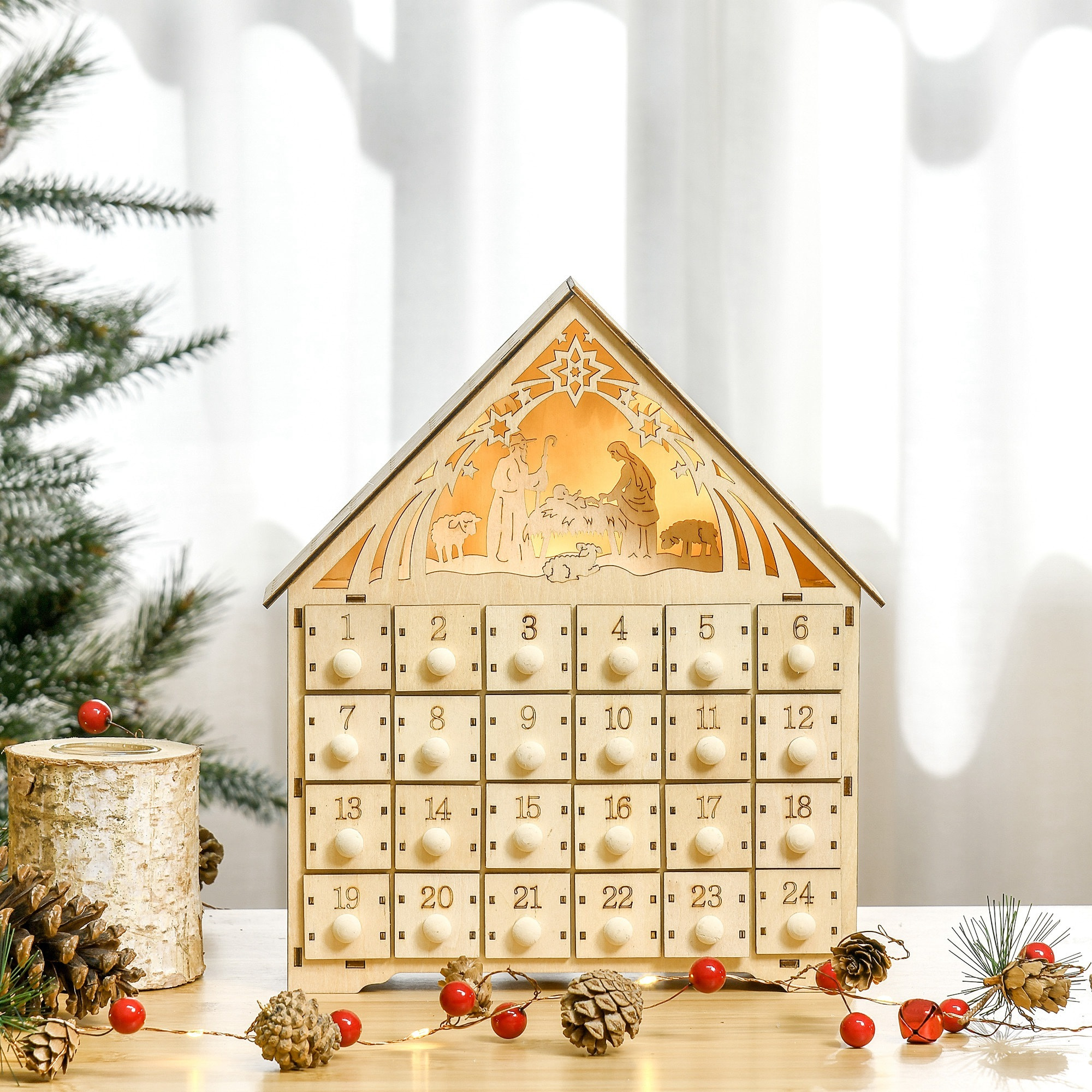 Calendrier de l'Avent en bois décoration de crèche de Noël - 24 tiroirs - naturel