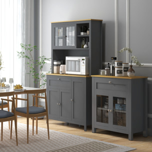 Alacena de Cocina Alta, Mueble Auxiliar de Cocina, con 5 Puertas, Estante Ajustable, Cajón, Encimera Abierta de Microondas, Orificio para Cable, 100x40x180 cm, Gris