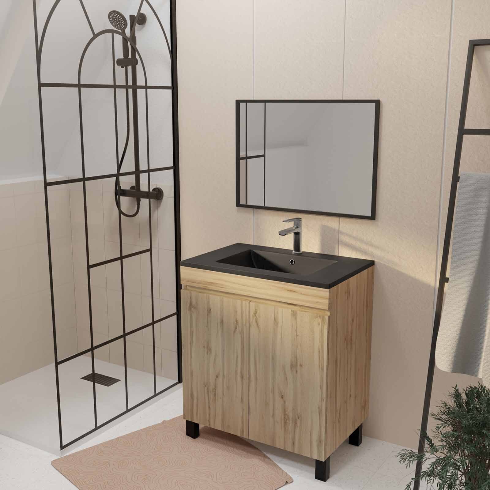 Meuble de salle de bains 70cm TIMBER Décor Chêne Naturel à Portes Vasque Noire et Miroir 70x50