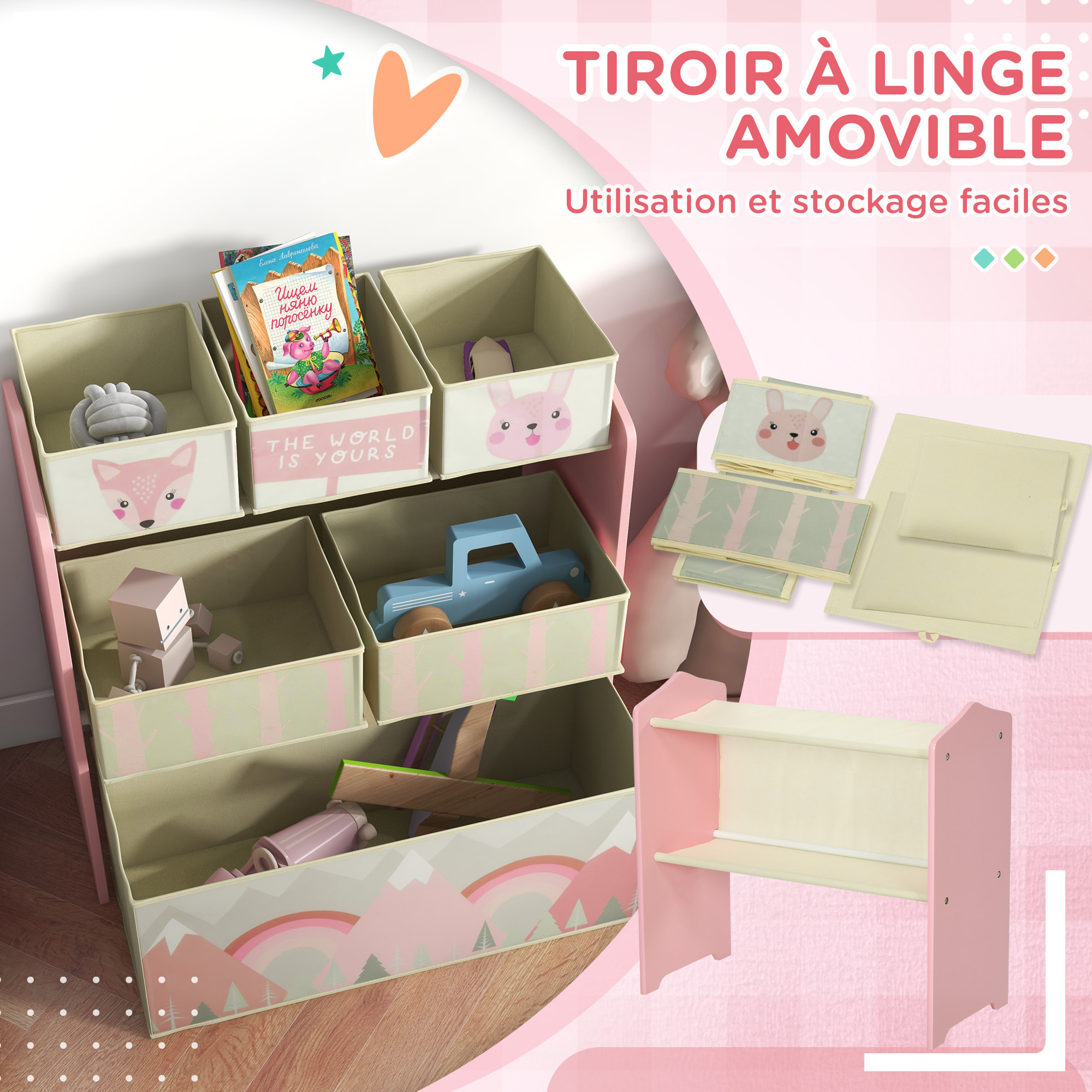 Étagère de rangement enfant design mountain adventure - 6 tiroirs - MDF tissu non tissé - rose