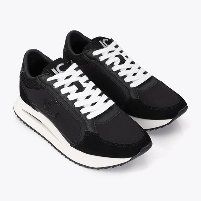 Sneaker platform bicolore in tessuti combinati e dettagli in pelle