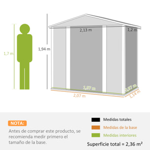 Caseta de Jardín Exterior 2,36m² 213x120x194 cm Cobertizo de Jardín Exterior con Base Refuerzo (Suelo NO Incluido) Puertas Correderas Dobles Candado Ventanas Verde Claro