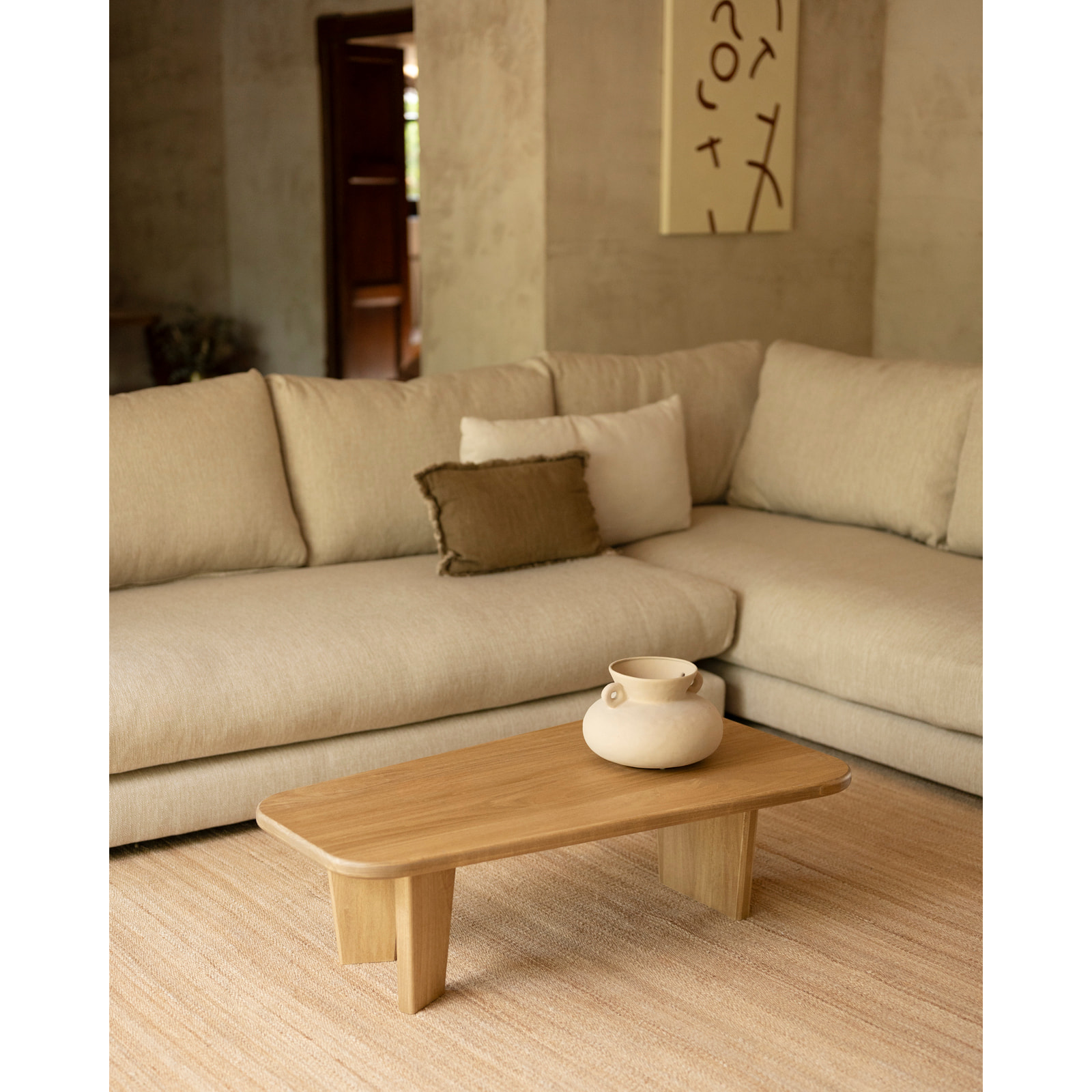 Table basse en bois massif de peuplier avec trois pieds de 100cm Hauteur: 30 Longueur: 100 Largeur: 58