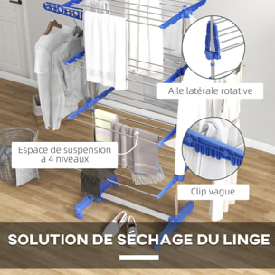 Séchoir à linge étendoir pliable ailes latérales 4 niveaux bleu